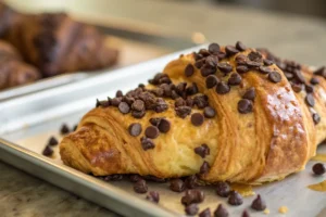 A close-up of a golden, flaky croissant topped with crookies recipe, with a slightly crispy texture and a natural look.