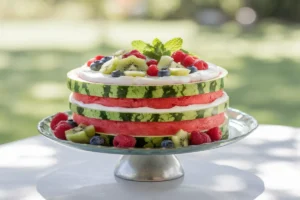 Finished watermelon cake with yogurt topping and fresh fruits