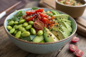 Close-up of a fresh edamame salad with colorful vegetables.