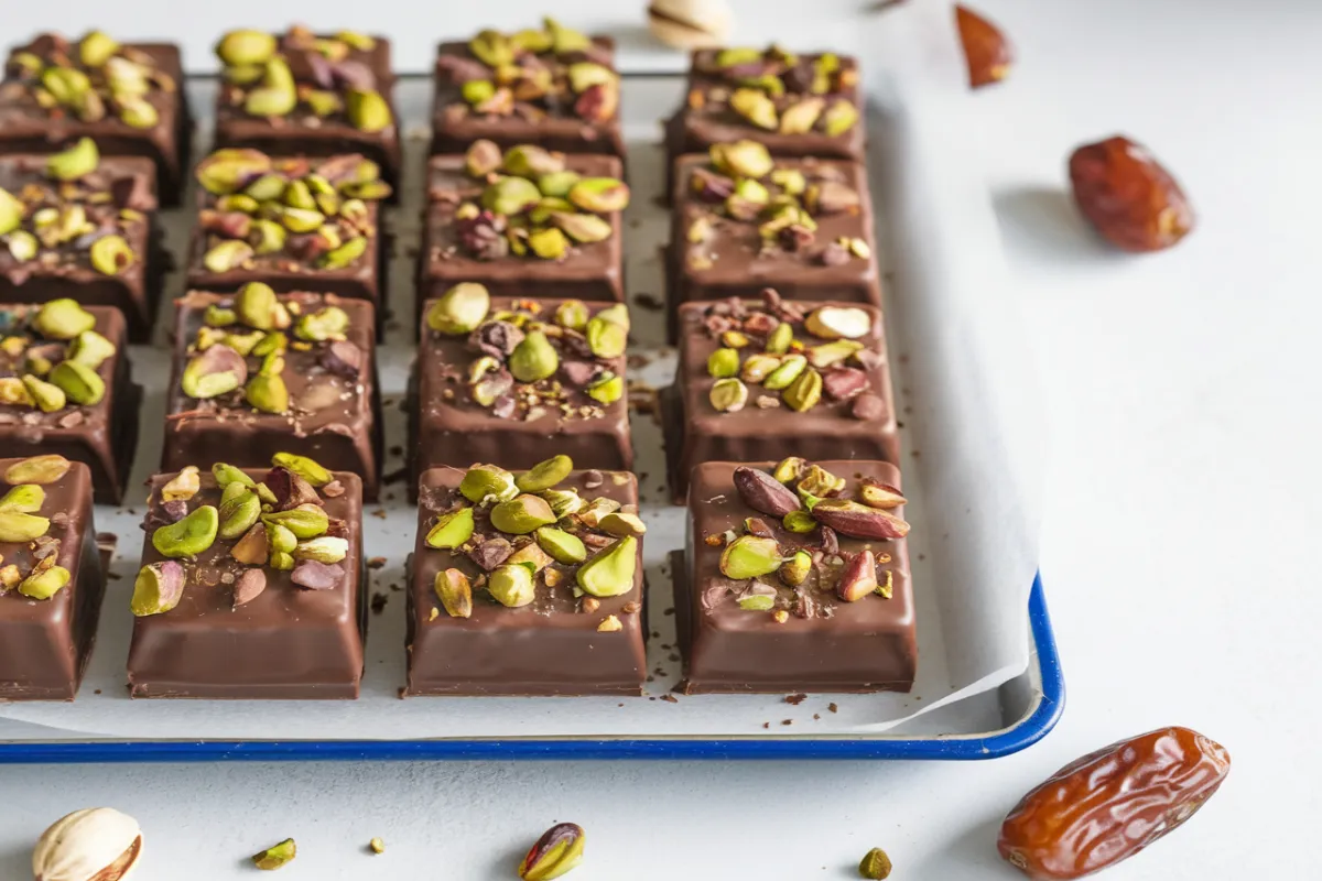 A tray of finished Dubai chocolate bars with pistachios and dates.