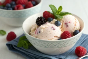 Bowl of smooth low-calorie ice cream with fresh berries