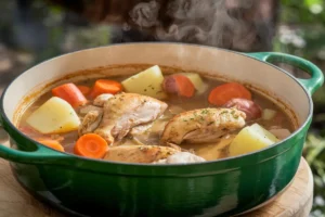  Hearty Dutch Oven Chicken Stew with tender chicken, carrots, and potatoes simmered in a rich broth,