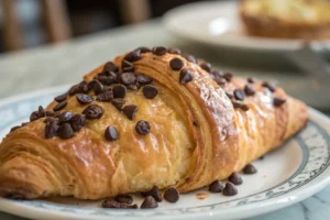 A close-up of a golden, flaky croissant topped with crookies recipe, with a slightly crispy texture and a natural look.