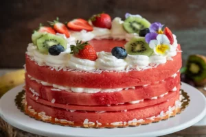 A side view of a watermelon cake, emphasizing the stacked layers and the creamy yogurt frosting between them. 