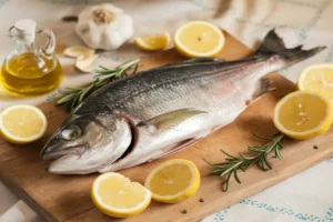 Fresh branzino fish with Mediterranean ingredients.