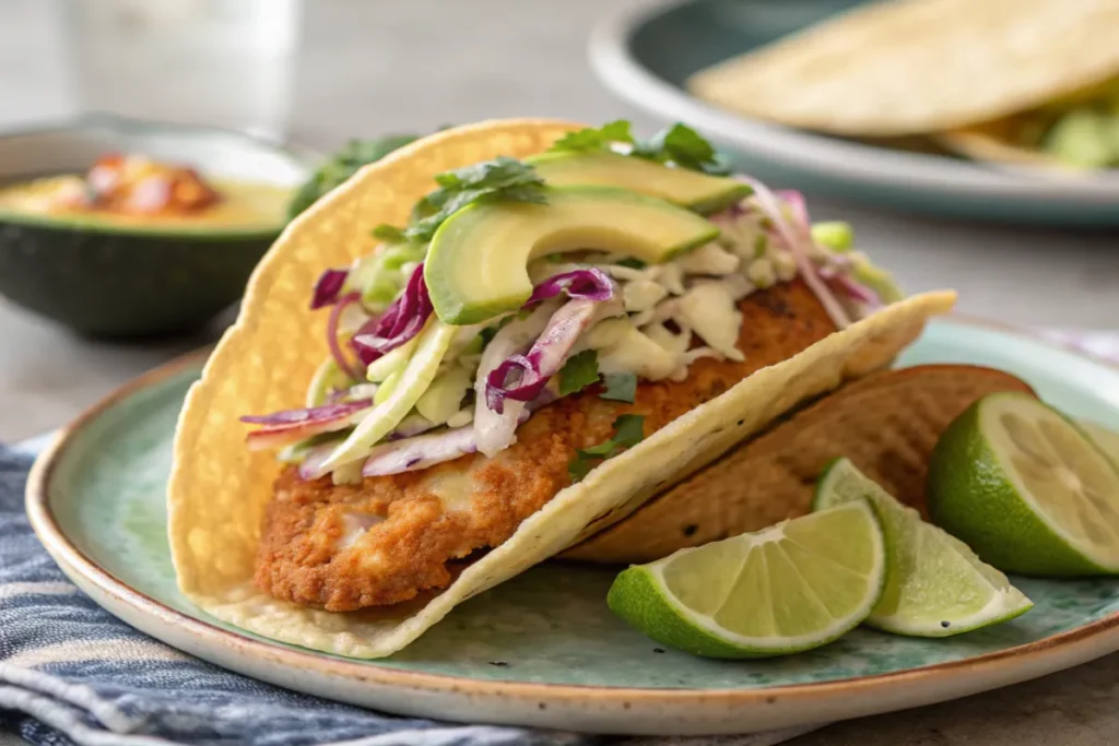 Fried rockfish tacos with spicy crema and avocado