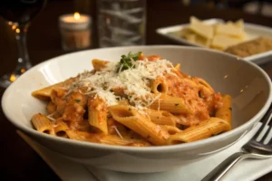 Penne alla vodka with creamy sauce and basil