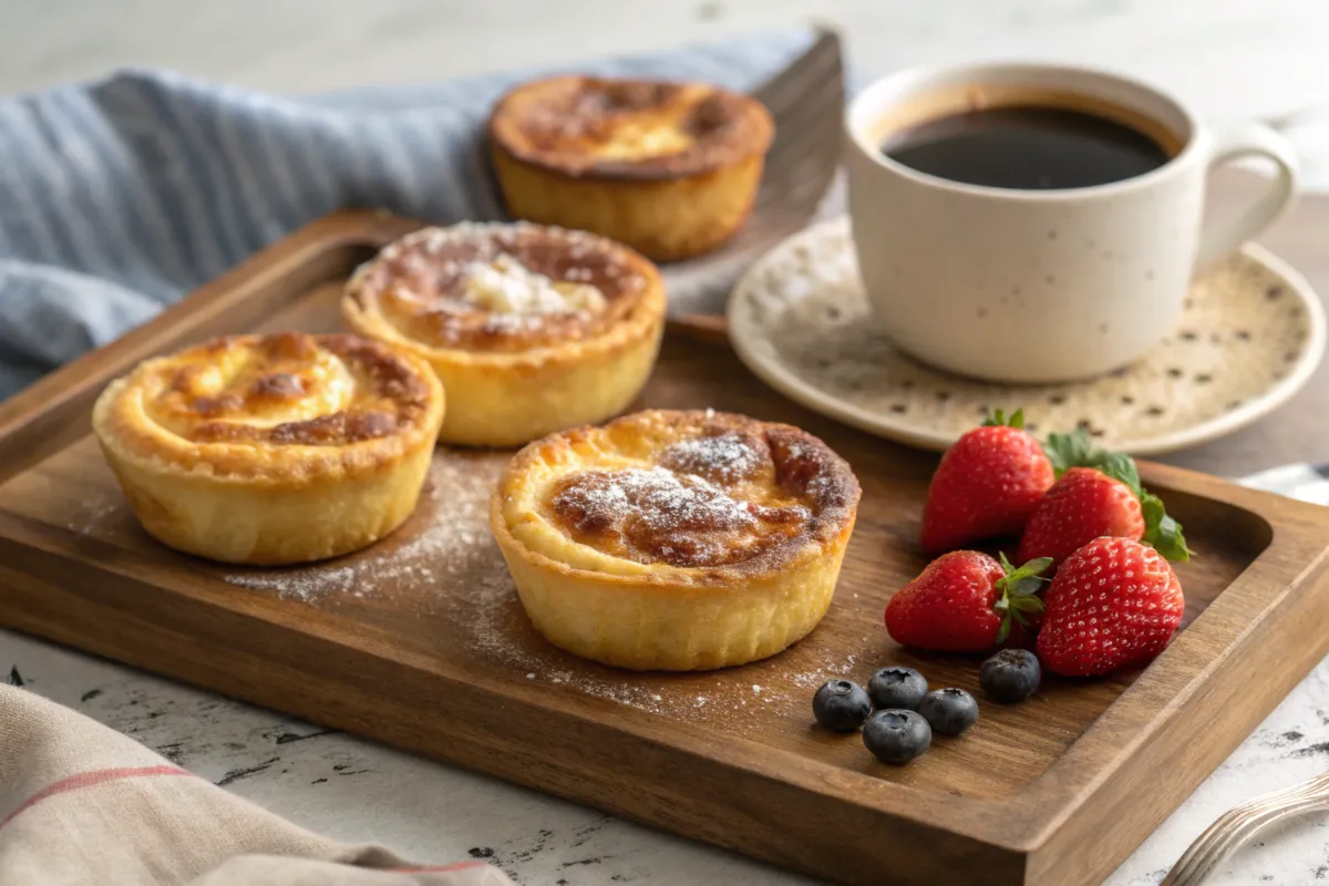 Freshly baked Swiss Gipfeli recipe pastries on a wooden tray with coffee and fruit