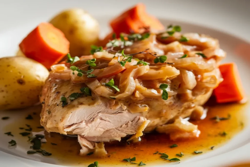 Hearty Dutch Oven Chicken Stew with tender chicken, carrots, and potatoes simmered in a rich broth, served in a rustic kitchen setting.