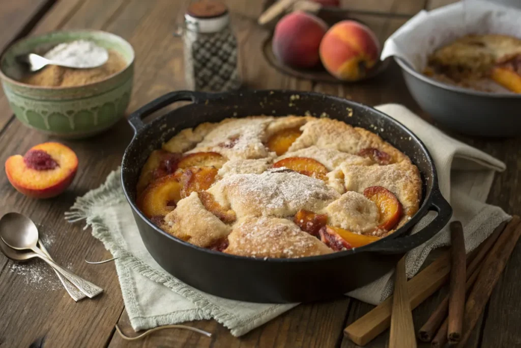 A close-up of a Dutch oven peach cobbler featuring golden-brown crust with bubbling peaches in a rich syrup, served fresh and warm.