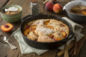 A close-up of a Dutch oven peach cobbler featuring golden-brown crust with bubbling peaches in a rich syrup