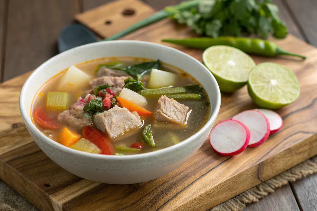 Sinigang Recipe A steaming bowl of Sinigang, a traditional Filipino sour soup, featuring tender pork, fresh vegetables, and a rich tamarind-based broth.