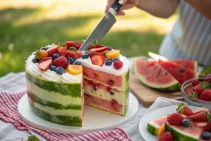 An overhead view of a watermelon cake decorated with kiwi slices, blueberries, and a dusting of powdered sugar. 