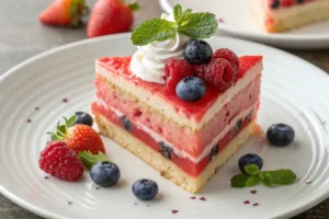 A summer-themed image of a watermelon cake served on a rustic wooden platter, garnished with sprigs of fresh herbs and a few edible flowers. 