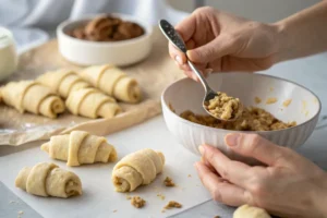 A close-up view of hands placing a spoonful of cookie dough onto a rolled-out piece of croissant dough, demonstrating the process of assembling the Crookies