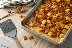 Freshly baked Chex Mix on a baking sheet