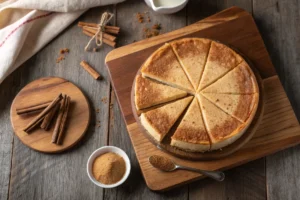 Slice of churro cheesecake showing layered crust, filling, and topping