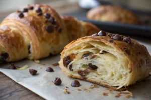 A close-up shot of a Crookie with a bite taken out of it, revealing the combination of flaky croissant layers, soft cookie dough, and melted chocolate, emphasizing the textures and deliciousness of the hybrid pastry.