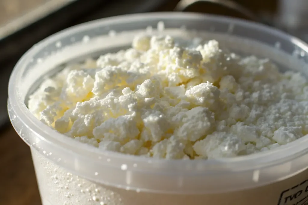 Can you freeze cottage cheese? Frozen cottage cheese with visible ice crystals.