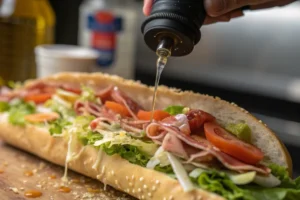 Close-up of the "juice" being added to a Jersey Mike's Italian sub