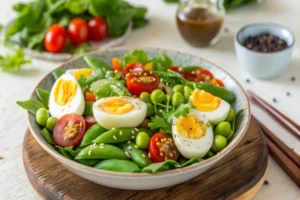 A simple Edamame and Egg Salad recipe is presented in a serving bowl. This versatile dish features a mix of edamame and hard-boiled eggs, seasoned for a tasty meal.