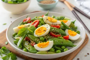 Close-up of Edamame and Egg Salad. The mixture shows visible pieces of green edamame beans, creamy egg salad, and a light dressing, served in a bowl