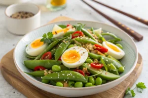 Image showcasing a bowl of delicious and protein-rich Edamame and Egg Salad. Perfect for a light lunch or side dish, combining the textures and flavors of creamy eggs and firm soybeans