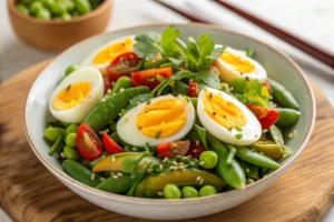 Bowl of vibrant Edamame and Egg Salad recipe. A healthy and colorful side dish, featuring green soybeans and classic egg salad with a touch of herbs