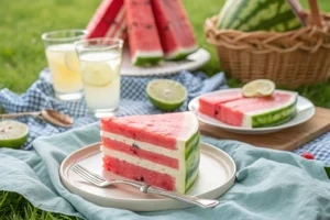  slice of watermelon cake on a small plate with a fork, placed on a picnic blanket with lemonade and other summer picnic accessories, depicting a casual and enjoyable summer treat.