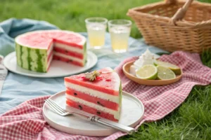 Lifestyle shot of a slice of watermelon cake on a small plate with a fork, placed on a picnic blanket with lemonade and other summer picnic accessories, depicting a casual and enjoyable summer treat.