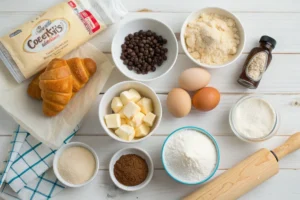 An overhead shot showcasing all the necessary ingredients to make Crookies, including all-butter croissant dough, softened butter, granulated sugar, brown sugar, eggs, vanilla extract, flour, baking soda, salt, and semi-sweet chocolate chips, arranged neatly on a light wooden surface