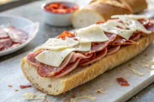 Jersey Mike's Italian sub with meats and cheese layered on bread. What does Jersey Mike's put on their Italian sub?