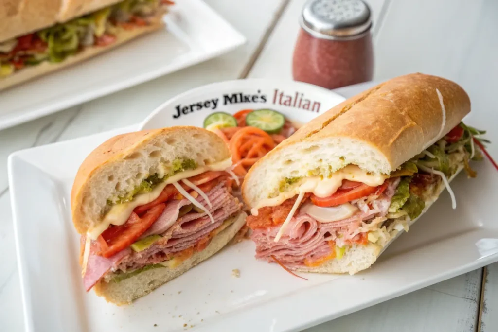 What does Jersey Mike's put on their Italian sub? Jersey Mike's Italian sub cut in half, showing all the toppings