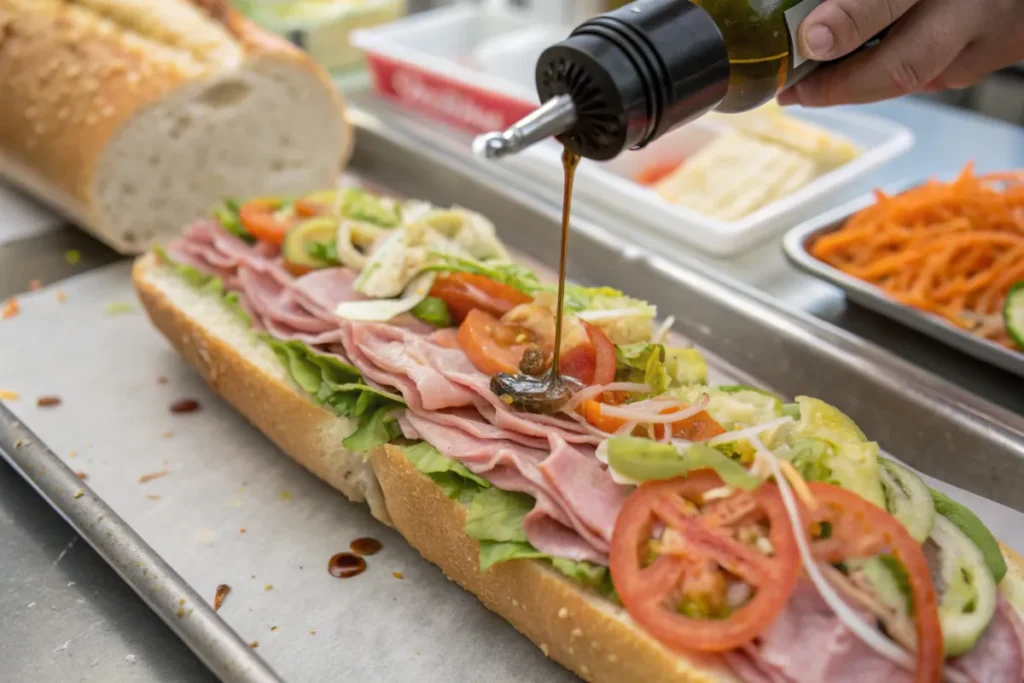 Jersey Mike's sub being prepared with What's in Mike's Way