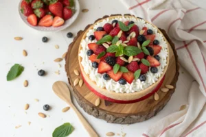 Overhead view of a whole watermelon cake decorated with whipped cream, fresh berries, slivered almonds, and mint leaves, presented on a rustic wooden cake stand.