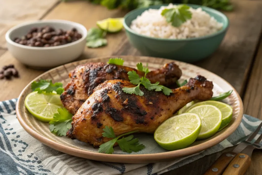 Delicious cooked pollo asado recipe with rice and beans