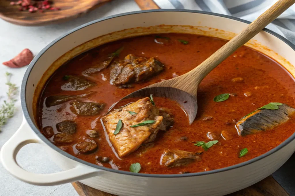 Close-up of simmering ogbono soup with meat.