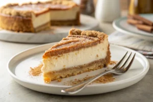 Churro cheesecake slices on a wooden board with cinnamon sugar