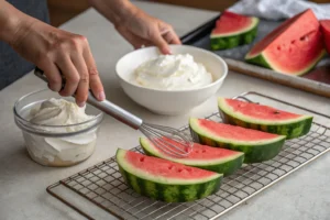 Close-up shot of hands using a spatula to spread a thick layer of whipped cream onto a sliced watermelon base, positioned on a wire rack above a baking sheet