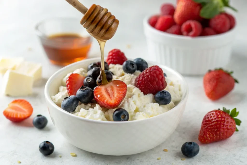 What is good to mix with cottage cheese? Berries and honey.