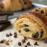 An extreme close-up shot capturing the flaky, layered texture of a baked Crookie, with visible melted chocolate chips and a golden-brown, crispy exterior, highlighting the unique combination of a croissant and a cookie.