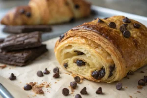 An extreme close-up shot capturing the flaky, layered texture of a baked Crookie, with visible melted chocolate chips and a golden-brown, crispy exterior, highlighting the unique combination of a croissant and a cookie.