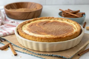 Slice of churro cheesecake showing layered crust, filling, and topping