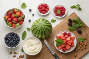 A flat lay image showing the ingredients for watermelon cake: a whole watermelon, whipped cream, fresh strawberries, blueberries, raspberries, chopped mint, slivered almonds, a knife, and a cutting board on a light wood surface