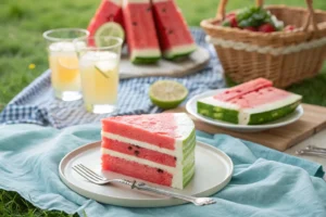 Lifestyle shot of a slice of watermelon cake on a small plate with a fork, placed on a picnic blanket with lemonade and other summer picnic accessories, depicting a casual and 