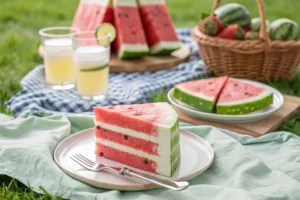 slice of watermelon cake on a small plate with a fork, placed on a picnic blanket with lemonade and other summer picnic accessories, depicting a casual and 