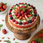 watermelon cake with whipped cream and fresh berries.