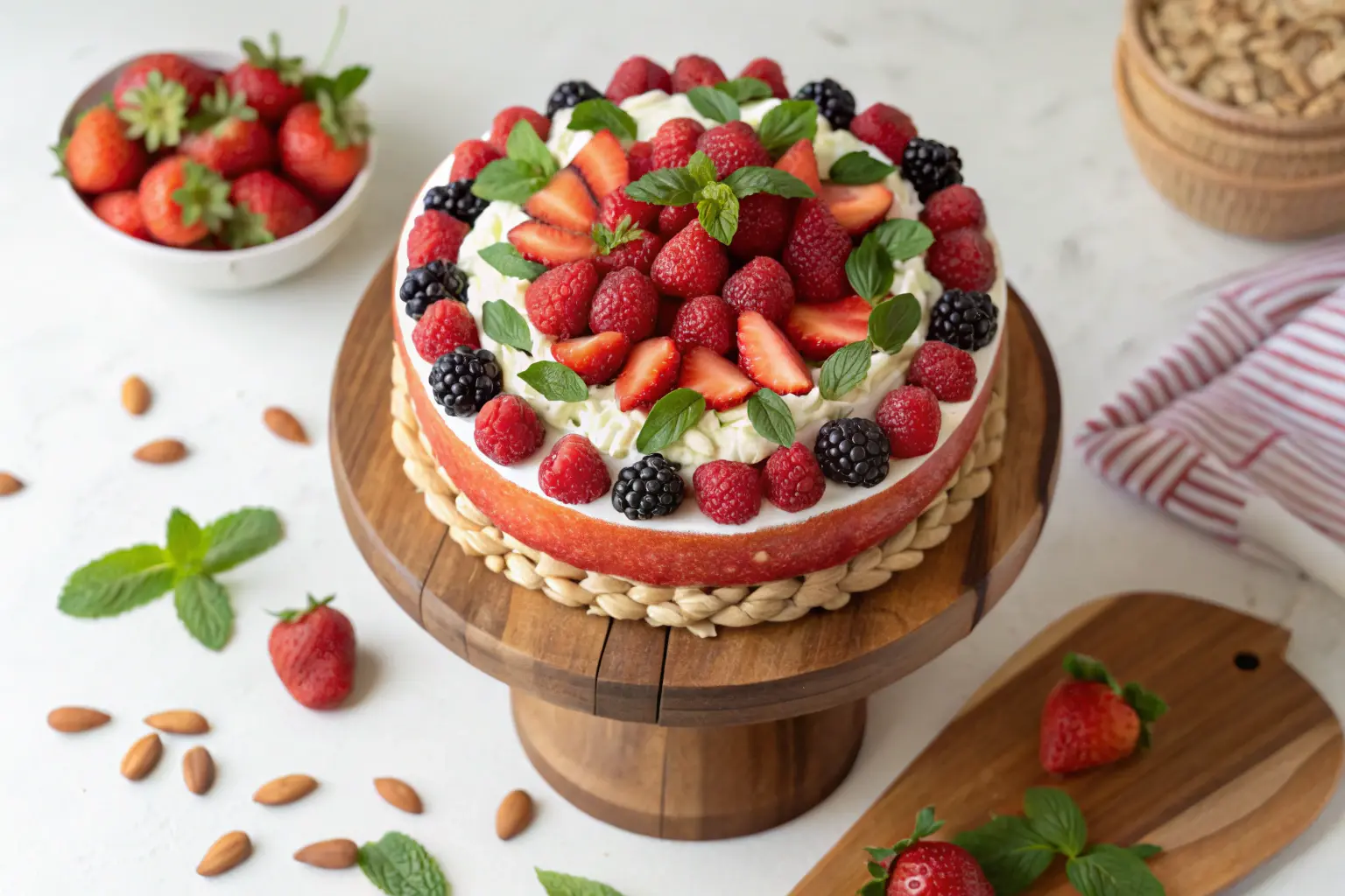 watermelon cake with whipped cream and fresh berries.