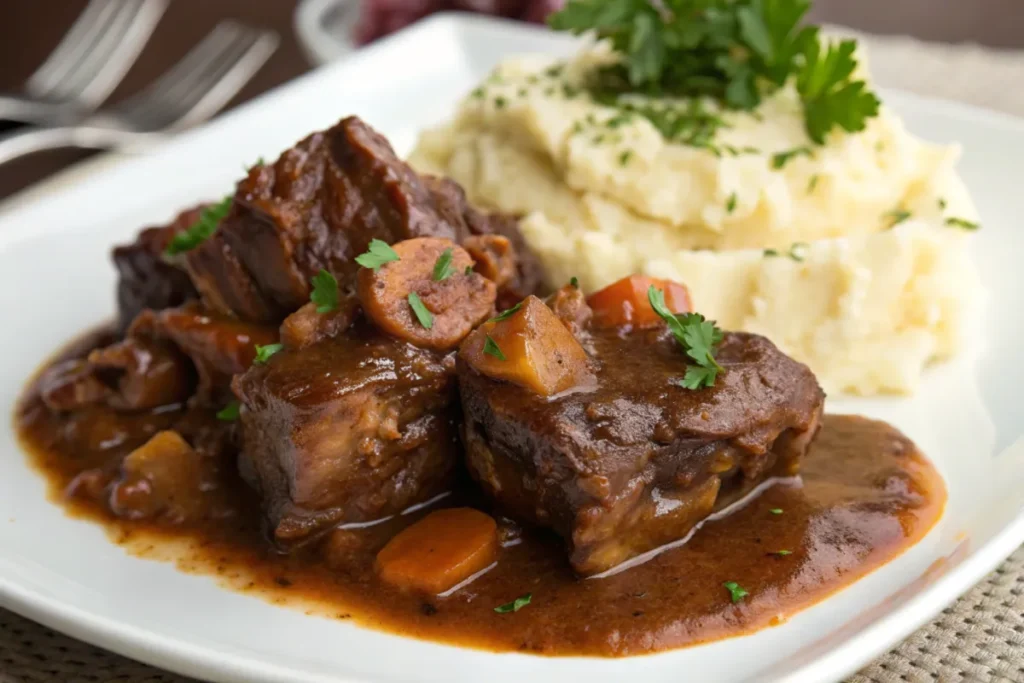 Can oxtails and short ribs be cooked together? Tender braised oxtails and short ribs served with mashed potatoes.