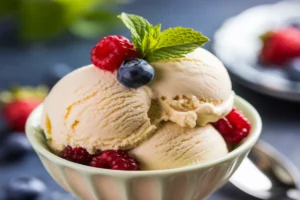 Bowl of smooth low-calorie ice cream with fresh berries